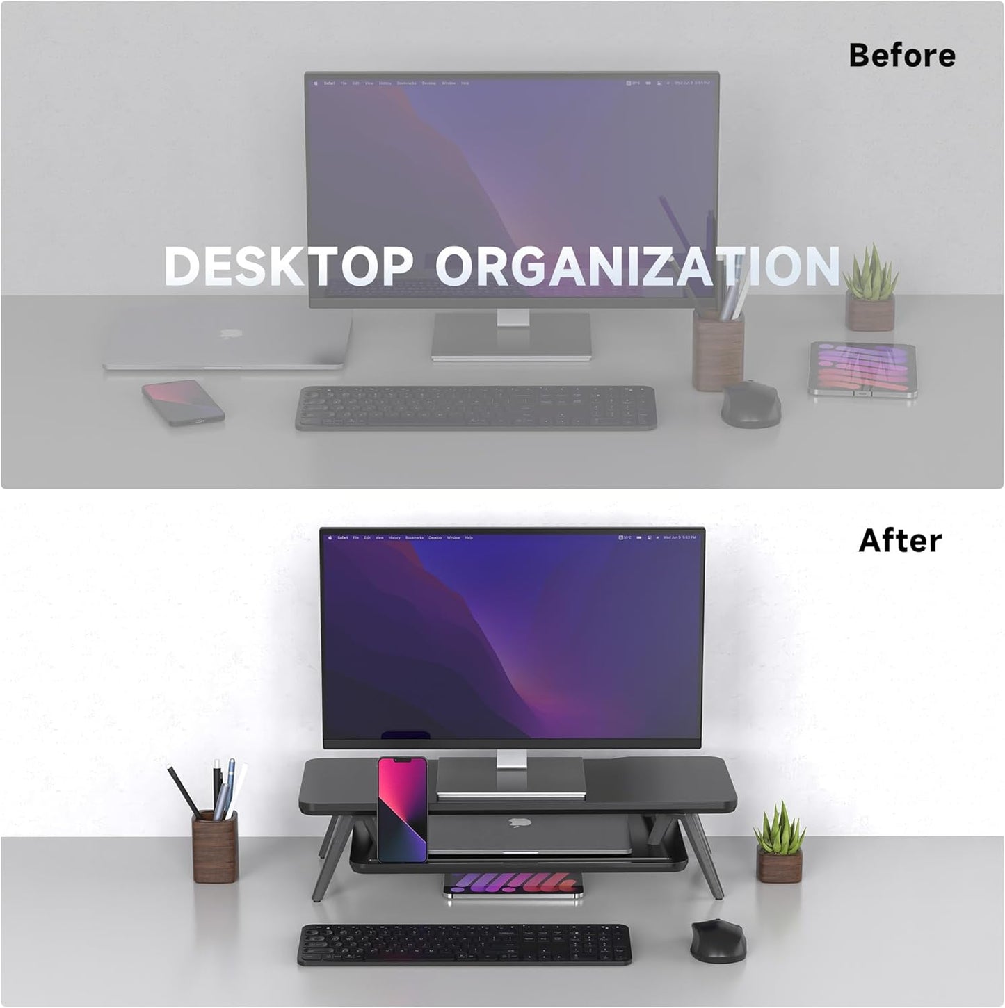 Fenge Monitor Stand, Monitor Stands Riser for Desk, 23.6 Inch Wood Desk Shelf with Storage Organizer and Cable Management for Office Desk Accessories