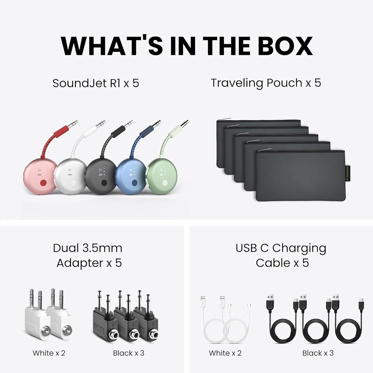 Avantree SoundJet R1 – Pack of 5 Airplane Bluetooth Adapter for Headphones & AirPods, aptX Adaptive, Qualcomm Chipset, 20H Battery, Wireless Audio Transmitter for in-Flight Travel Essentials - 5 Color