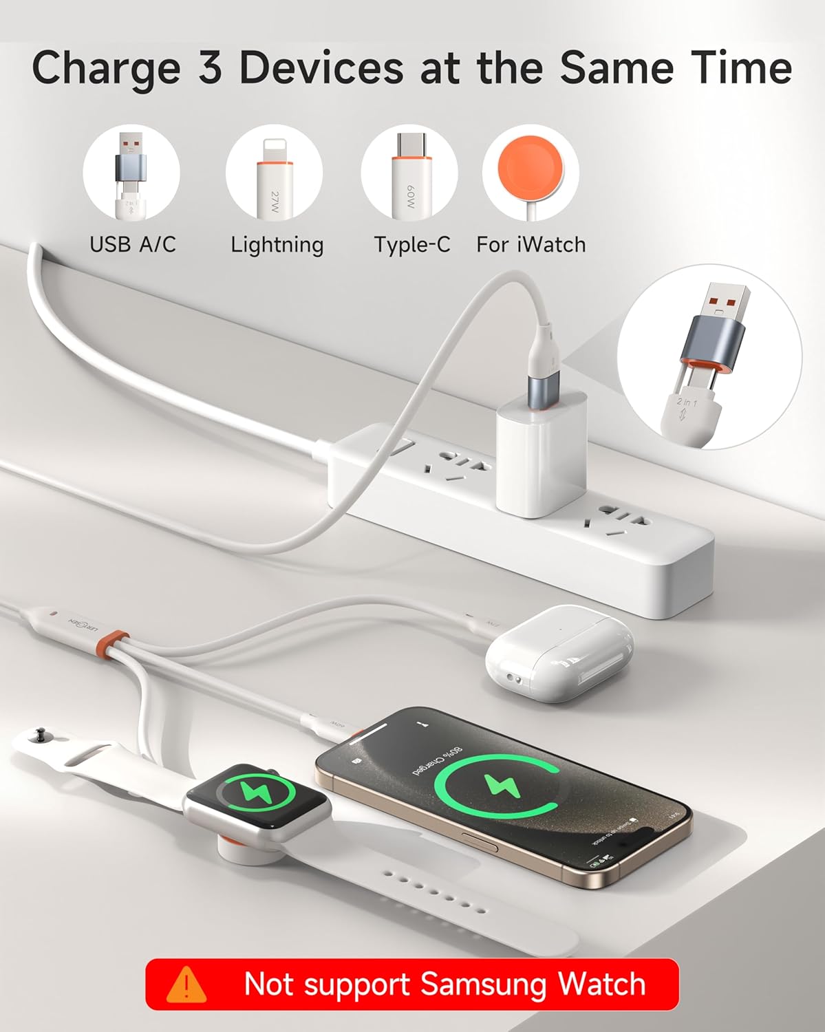 for Apple Watch Charger,3-in-2 Silicone Multi Charging Cable Travel Fast Charger Cord with USB C/Lightning Ports –Tangle-Free for iWatch Ultra/SE/10-1, iPhone 16-12/PS5/Nintendo Switch-4FT