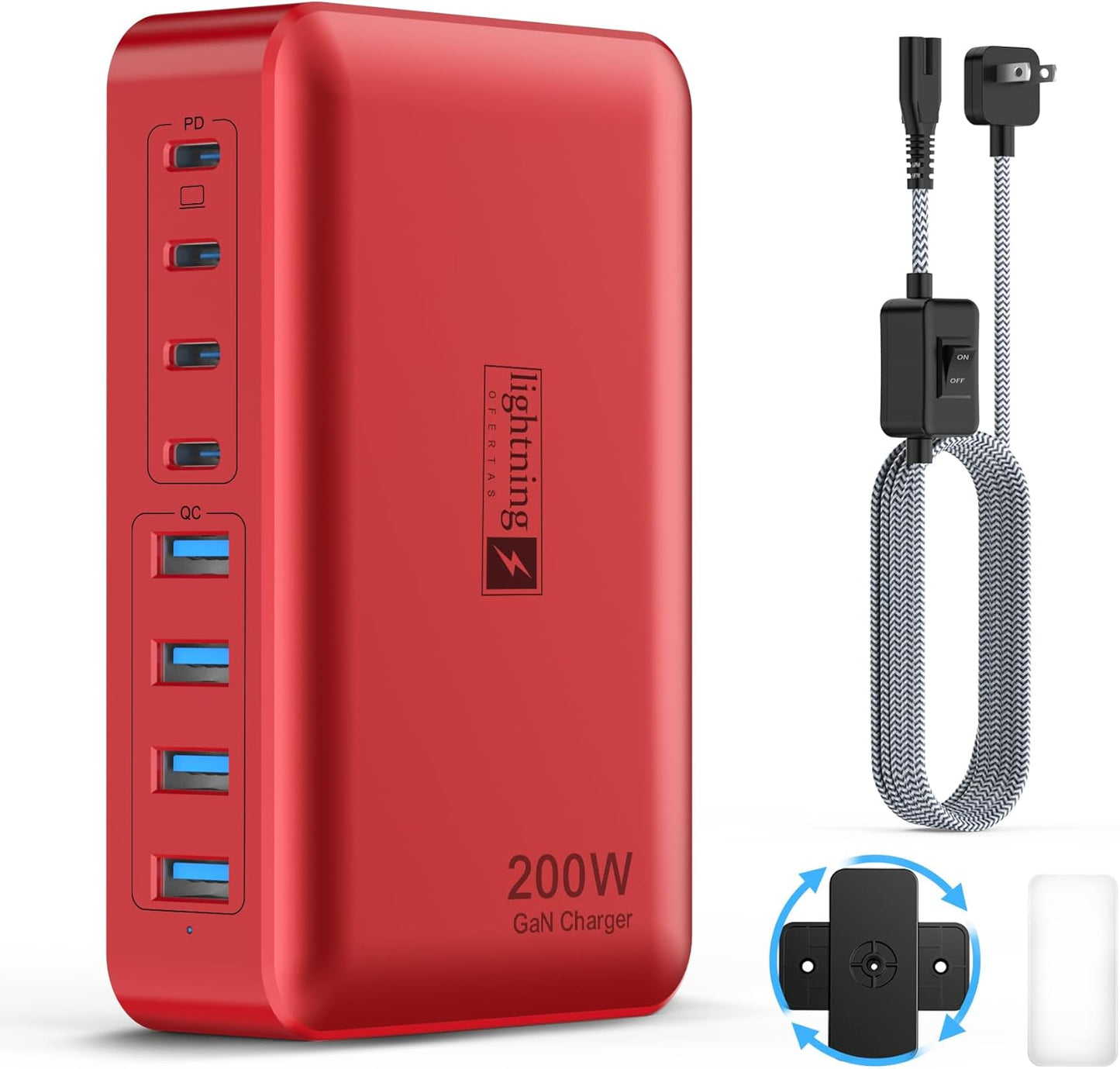 8-Port USB Charger Block 200W with Flat Plug, Braided Power Cord, and On/Off Switch- USB Charging Hub for iPhone, iPad, MacBook and More- 65W C Port Power Adapter for Laptops
