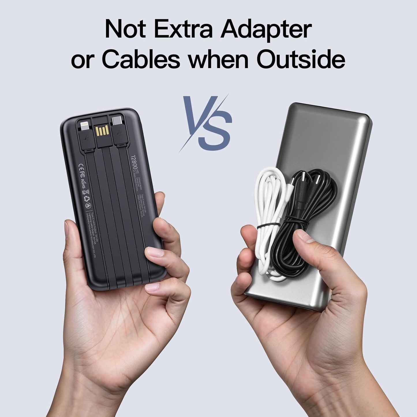 2025 Portable Charger with Built in Cables, 12800mAh Travel Essential Battery Pack, 4 Outputs 2 Inputs Slim Power Bank with Cord Wires Compatible with iPhone,Samsung,Android (2 Pack)