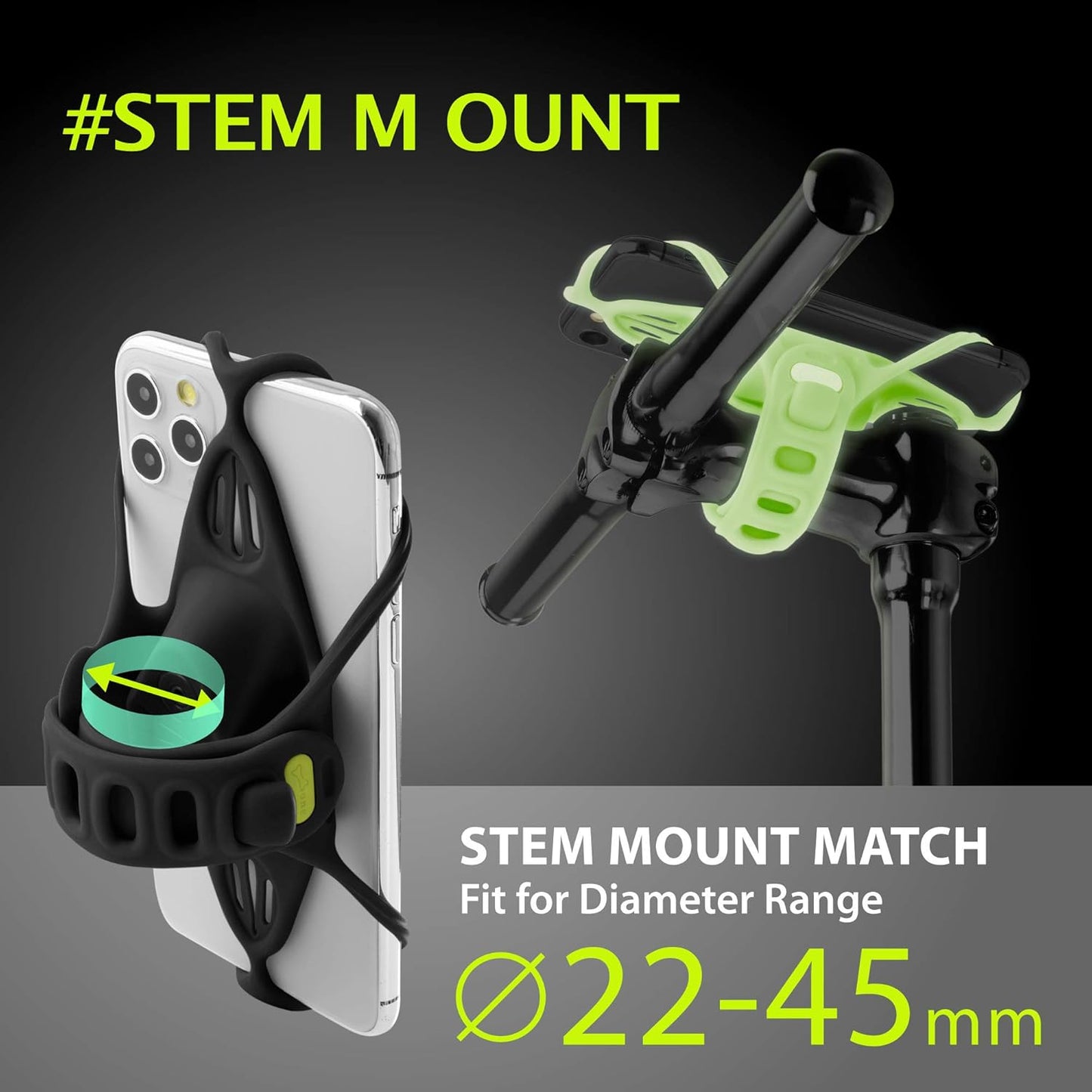 BONE】 Bike Tie Pro 4 Bike Phone Mount Bicycle Phone Holder for Stem Mounting 4.7"-7.2" Cell Phones, Ultra Light Phone Mount for Bike Motorcycle, Designed for Road Bicycle Accessories - Luminous