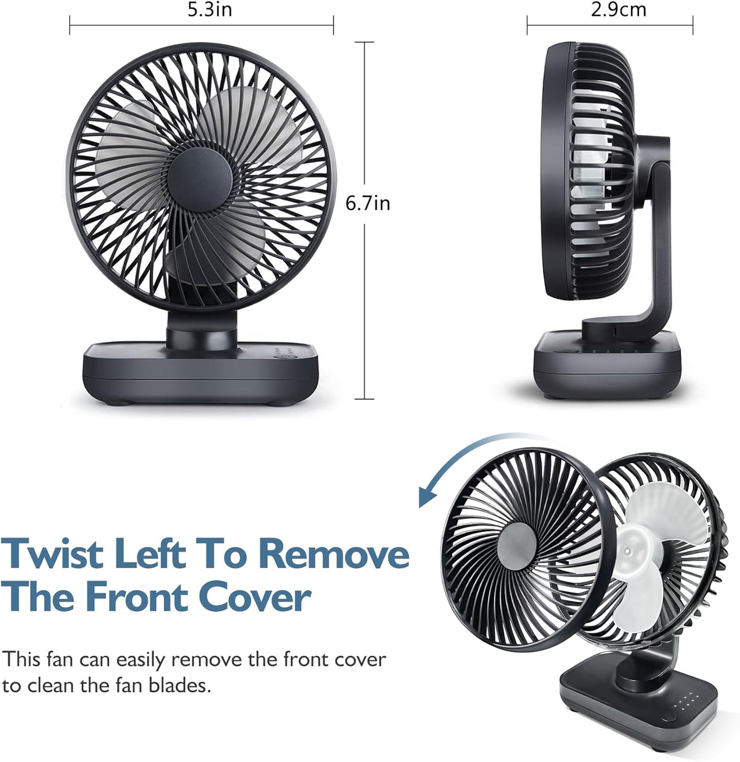 CONBOLA Small Desk Fan for Bedroom, 3600mAh Battery Powered Rechargeable Fan, USB Fan for Desk, 4 Speeds Air Circulator Quiet Table Fan for Home Office, Blue