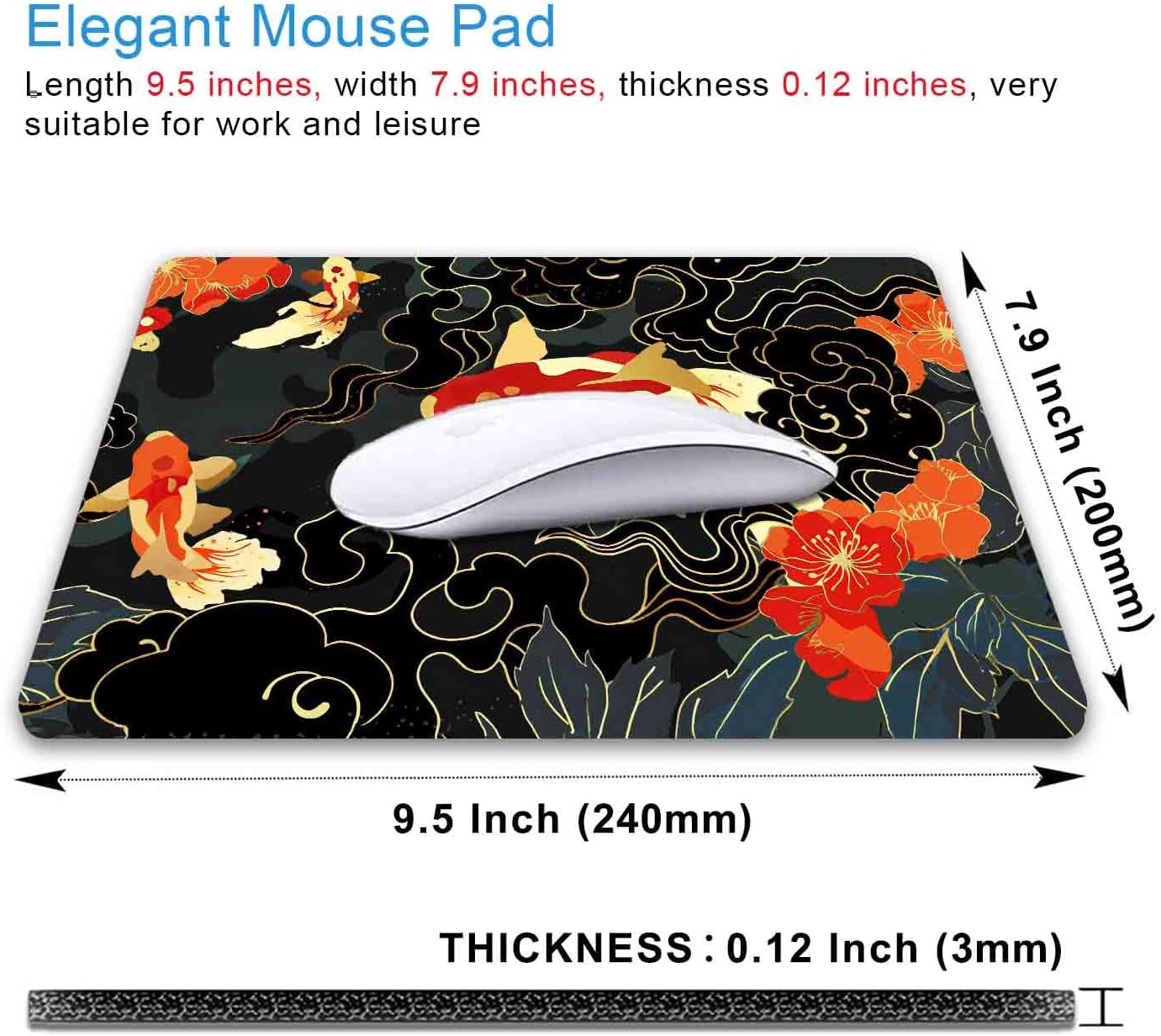 IMAYONDIA Japanese Koi Mouse Pad, Black Gold Gaming Mouse Pad, Anime Mousepad with Non-Slip Rubber Base, Computer Mouse Mat Office Accessories Decor Gift, 9.5 x 7.9 Inch