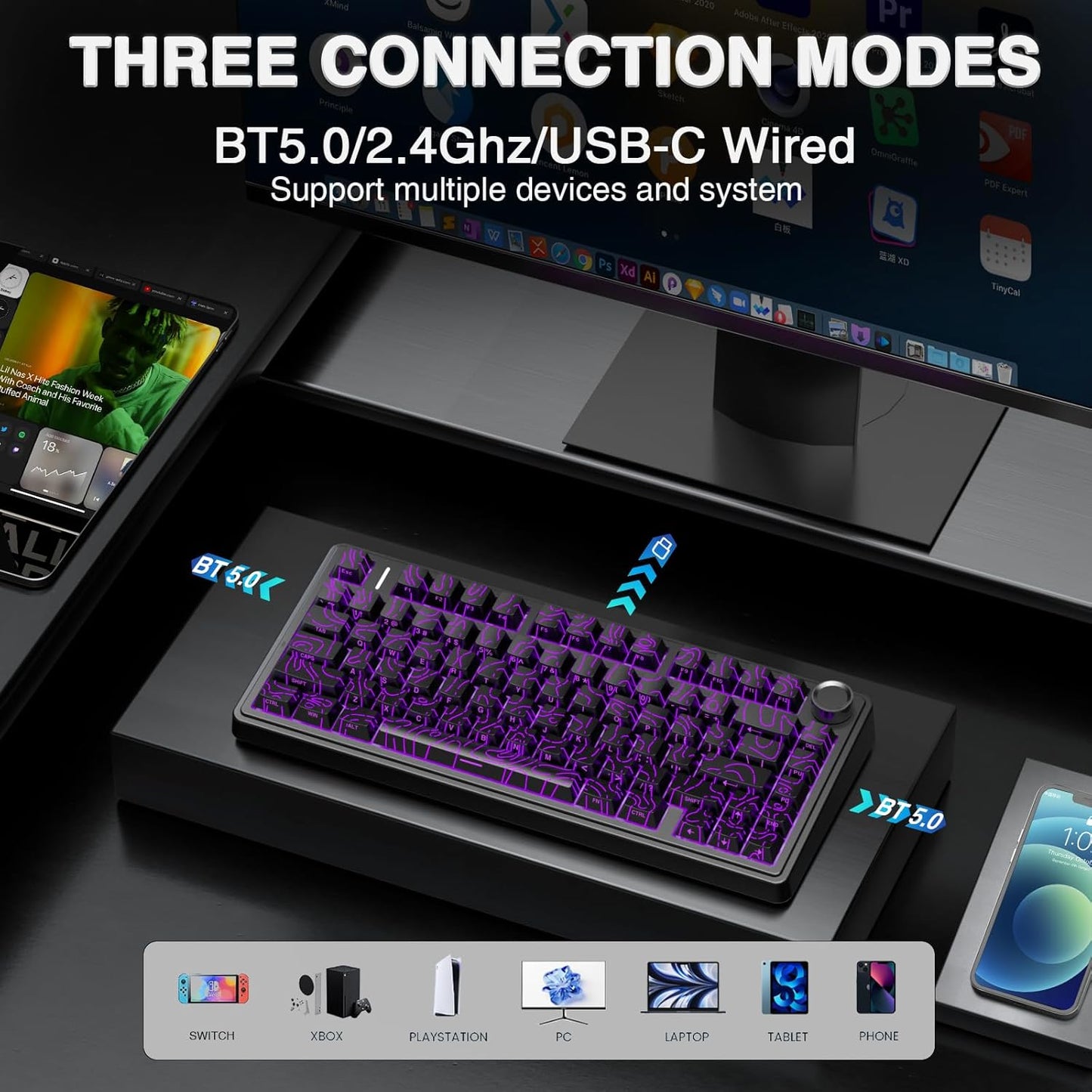 AULA F75 Pro Wireless Mechanical Keyboard with Knob,75% Hot Swappable Custom Gaming Keyboards,RGB Backlit,Pre-lubed Switches,Side Printed PBT Keycaps Creamy Sounding Computer Keyboard, Line Black