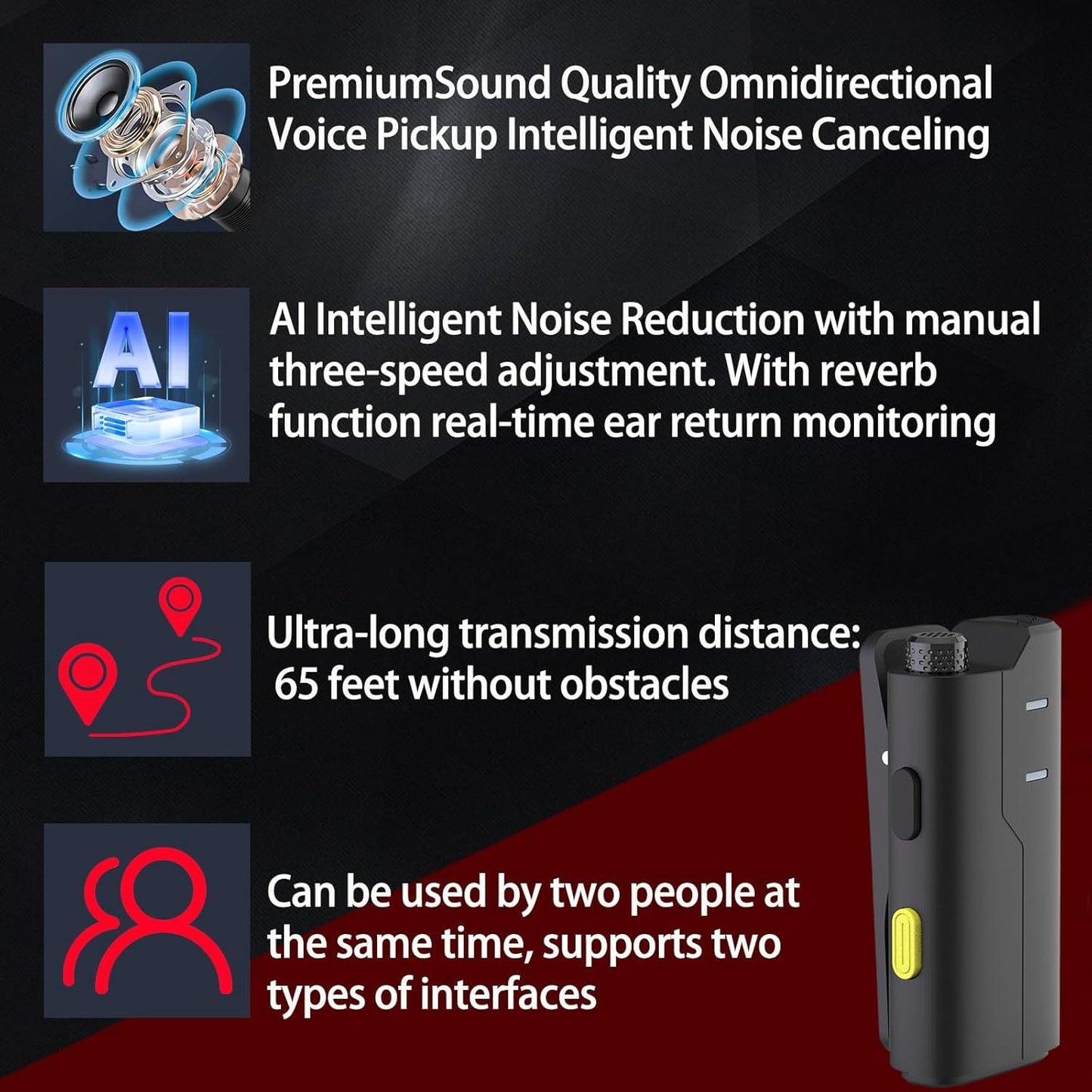 2 Pack Wireless Mini Lavalier Lapel Microphone for iPhone,Android Phone(2 in 1) - 80ft Cordless Clip on Dual Mics with Noise Reduction 8H Working Time for Video Recording Vlogging, YouTube, Interview