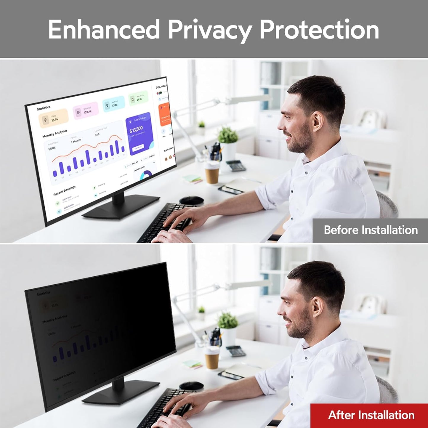 bersem 2 Pack 24 Inch Computer Privacy Screen for 16:9 Ratio Monitors, Anti-Glare, Blue Light Filter, Removable, UV-Blocking
