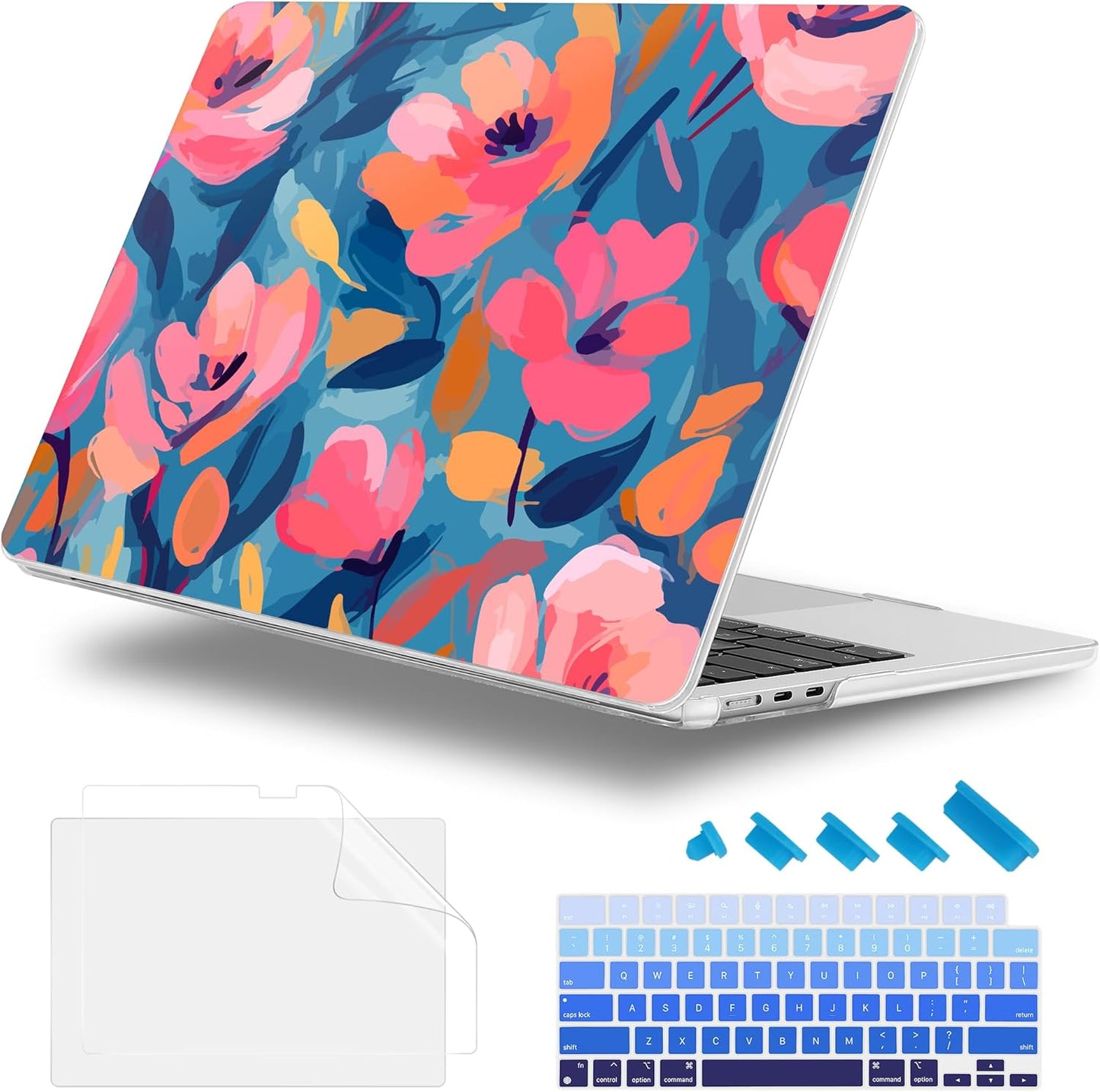 Case for MacBook Air 15 Inch 2025 2024 2023 Release M4 A3241 M3 A3114 M2 A2941, Hard Shell with Screen Protector & Keyboard Cover, Compatible with Touch ID, Flowers Print