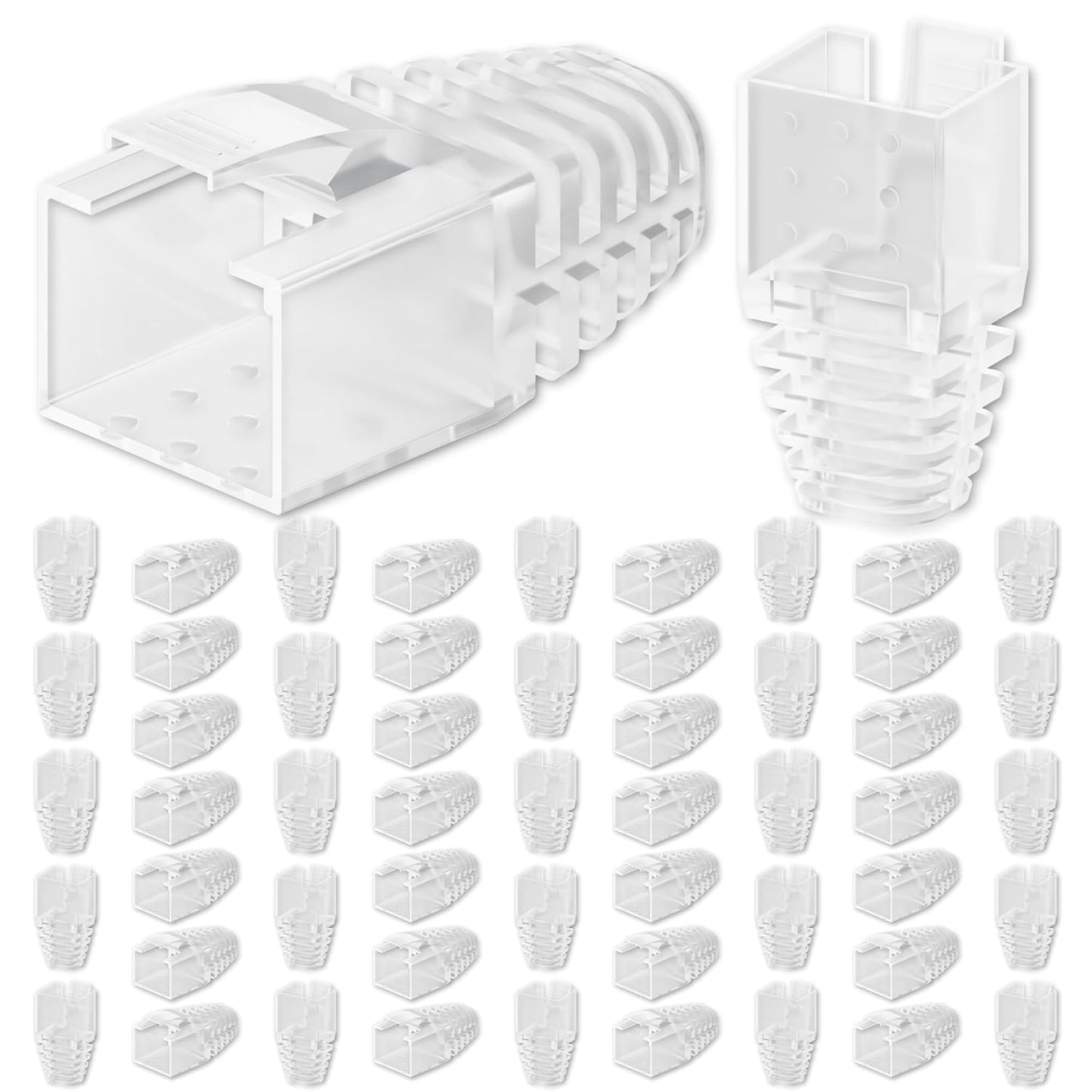 CableGeeker 100-Pack Cat6 / Cat5e RJ45 Strain Relief Boots, RJ45 Boot, Cat 6 Boot, Cat6 Ethernet Boots, Suitable for 6.5mm(0.26in) Ethernet Cables (Square-Press Transparent)