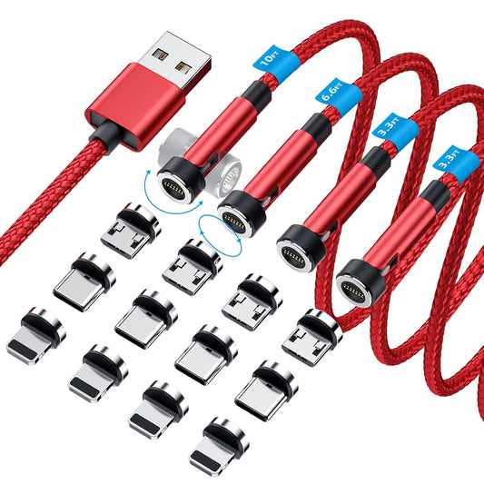 540 Rotation Magnetic Charging Cable, 3 in 1 Phone Charger [4-Pack, 3ft/3ft/6ft/10ft] 3A Fast Charging & Data Transfer Cable for i-P/Micro USB/Type C Device - Red