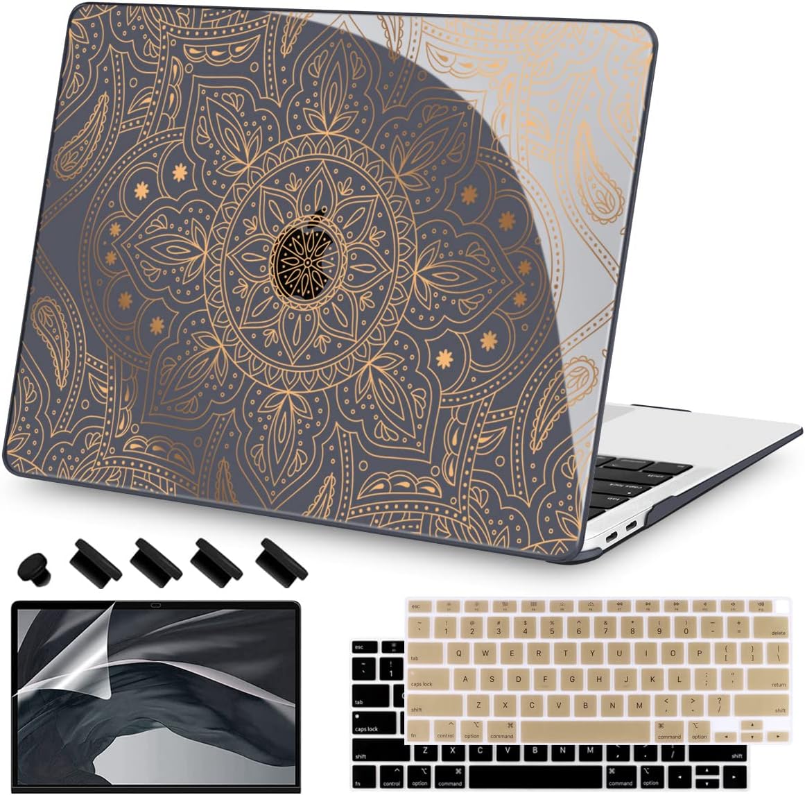 Teryeefi Compatible with MacBook Air 13 inch Case M1 Chip A2337 A2179 A1932 Retina Display Touch ID (A2018 2019 2020 Release), Plastic Hard Shell & Keyboard Cover & Screen Protector,Gold Mandala