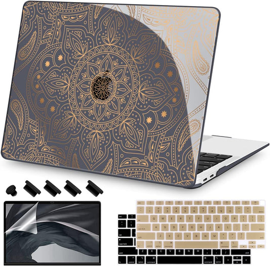 Teryeefi Compatible with MacBook Air 13 inch Case M1 Chip A2337 A2179 A1932 Retina Display Touch ID (A2018 2019 2020 Release), Plastic Hard Shell & Keyboard Cover & Screen Protector,Gold Mandala