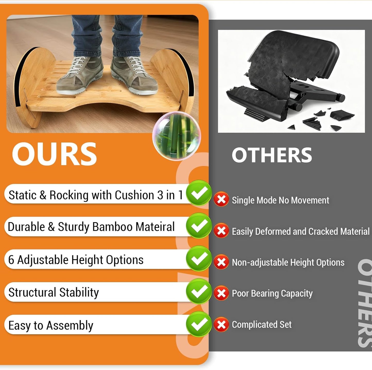 Bamboo Foot Rest for Under Desk at Work - 3-in-1 Reversible Rocking Desk Footrest with Foam Cushion Pad and 6 Adjustable Heights, Ergonomic Foot Rest with Washable Cover for Home, Office and Gaming