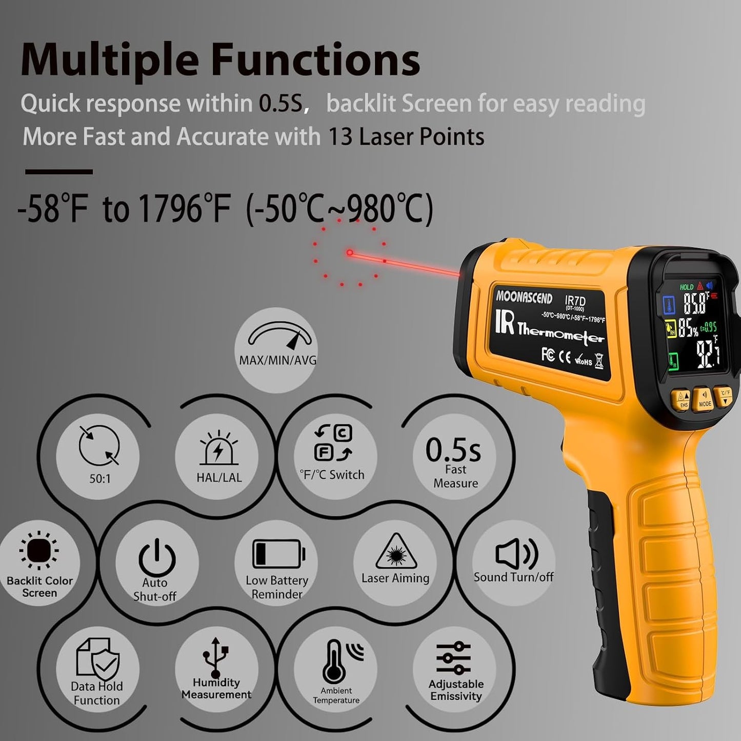 Infrared Thermometer Temperature Gun -58°F to 1796°F, 50:1 Dual-Mode Temp Guns with K-Type Thermocouple for Internal Readings, HVAC Contactless Lazer IR Thermometers for Home & Industry