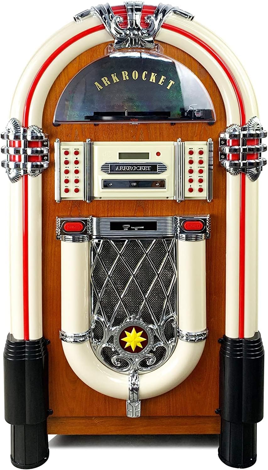 Arkrocket Full Size Jukebox Vinyl Record Player Bluetooth USB SD CD Player Radio Retro Turntable Classic Jukebox (Taurus - Classic)