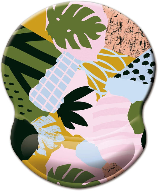 ITNRSIIET Ergonomic Mouse Pad with Gel Wrist Support Small Wrist Rest Smooth Surface Non-Slip PU Base Comfortable Office Supplies Pain Relief, 8.7 x 7.2 inches, Abstract Leaves