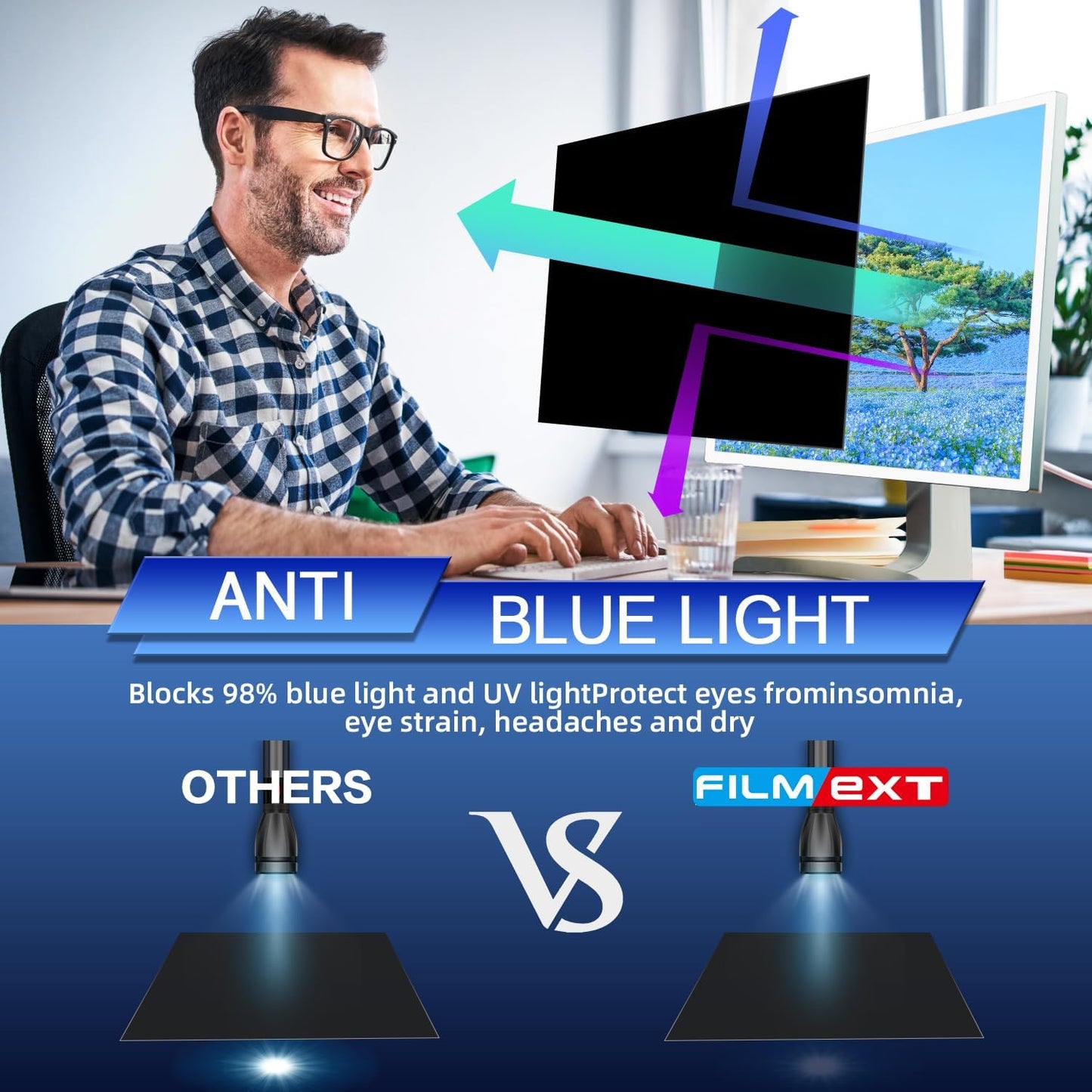 FILMEXT 32 inch Privacy Screen Filter for 16:9 Computer Widescreen Monitor, Removable 32 in Anti Blue Light Anti Glare Anti Spy Privacy Filter Shield-(27 5/8×15 5/8)