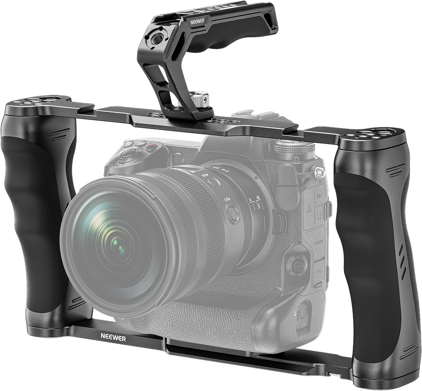 NEEWER Universal Camera Cage & Top Handle with 3/8" ARRI Locating Pins Kit, Video Rig Camera Stabilizer with Arca Type Base, Dual Handgrips, Compatible with SmallRig Accessories, CA016T
