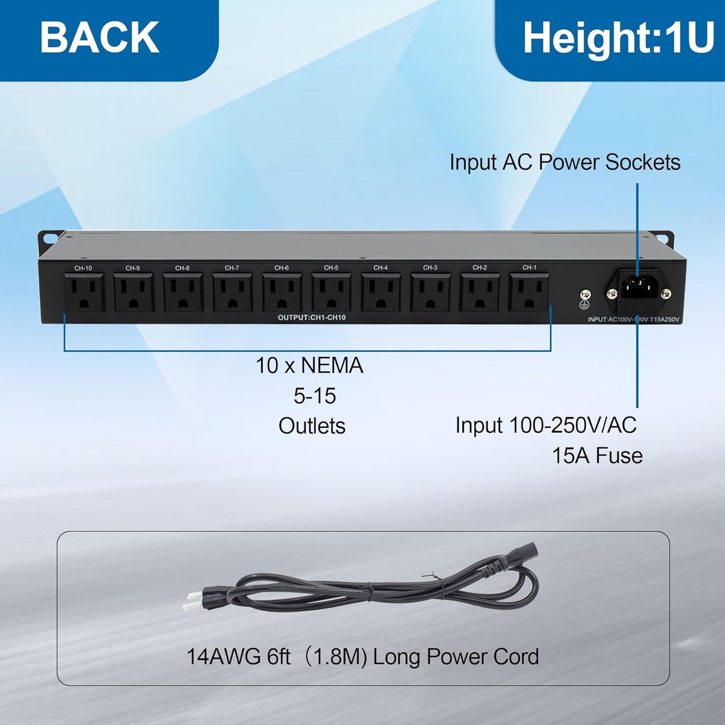 10 Outlets 1U Horizontal PDU Network Rackmount Power Strip with Surge Protector, (SPD-10KA) 100-240V,15A 3600 Joules, w/10 LED Switches and 6ft 14 AWG Cord, ETL Listed