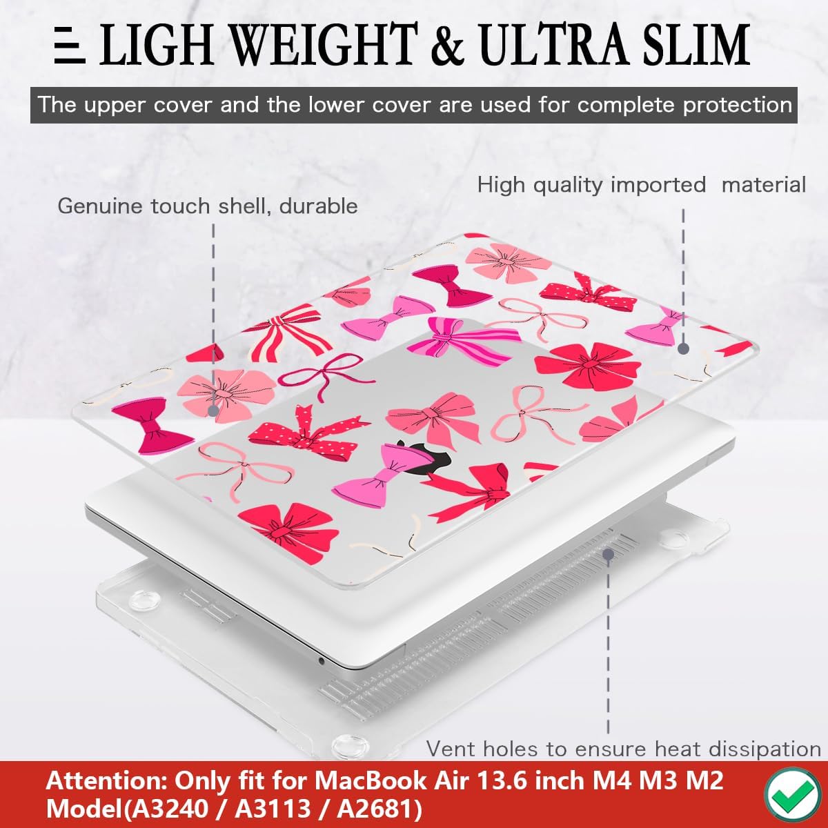 CISSOOK Compatible with MacBook Air 13.6 inch Case 2025 2024 2023 2022 Release A3240 A3113 A2681, Plastic Hard Shell Case Keyboard Cover Screen Protector for MacBook Air 13inch M2 M3 M4, Pink Bows