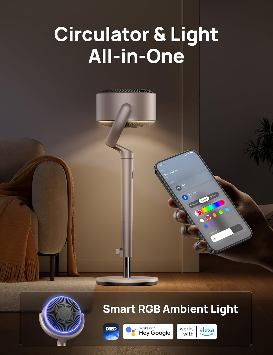 Dreo Smart Fans for Bedroom, 120° +120° Omni-Directional Oscillating Fan, 90ft Quiet Pedestal Fan with RGB Light, 9 Speeds, 6 Modes, 20dB, 8H Timer, Wi-Fi/Voice, 37-42" Floor Fans, Starlight