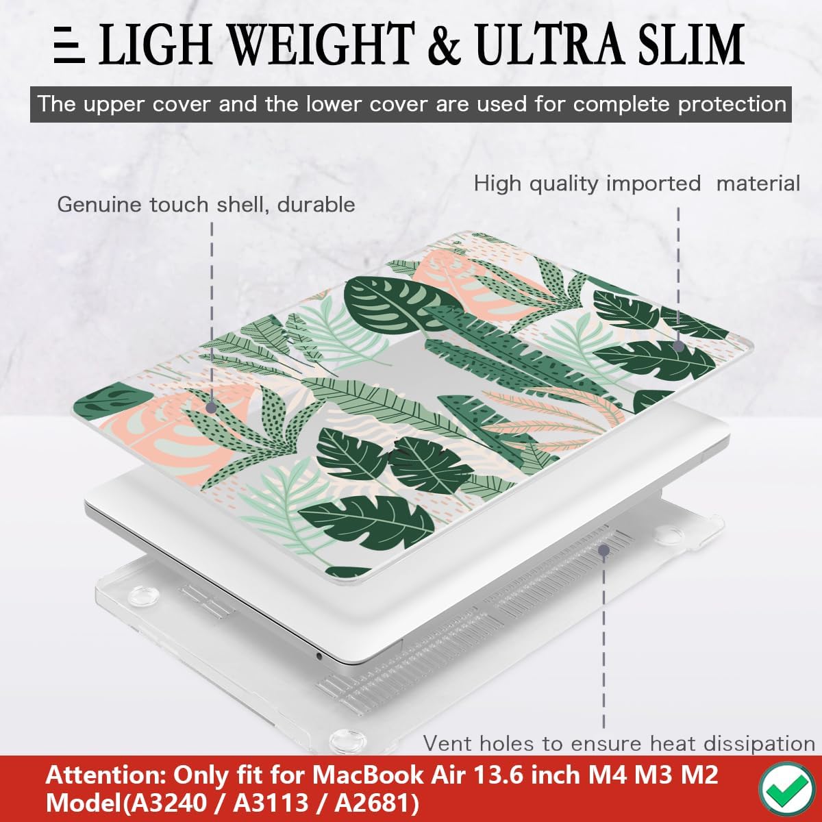 CISSOOK MacBook Air 13.6 inch Case A2681 M2 A3113 M3 with Touch ID, Tropical Palm Leaves, Hard Shell, Keyboard Cover, Screen Protector, Type C Adapter