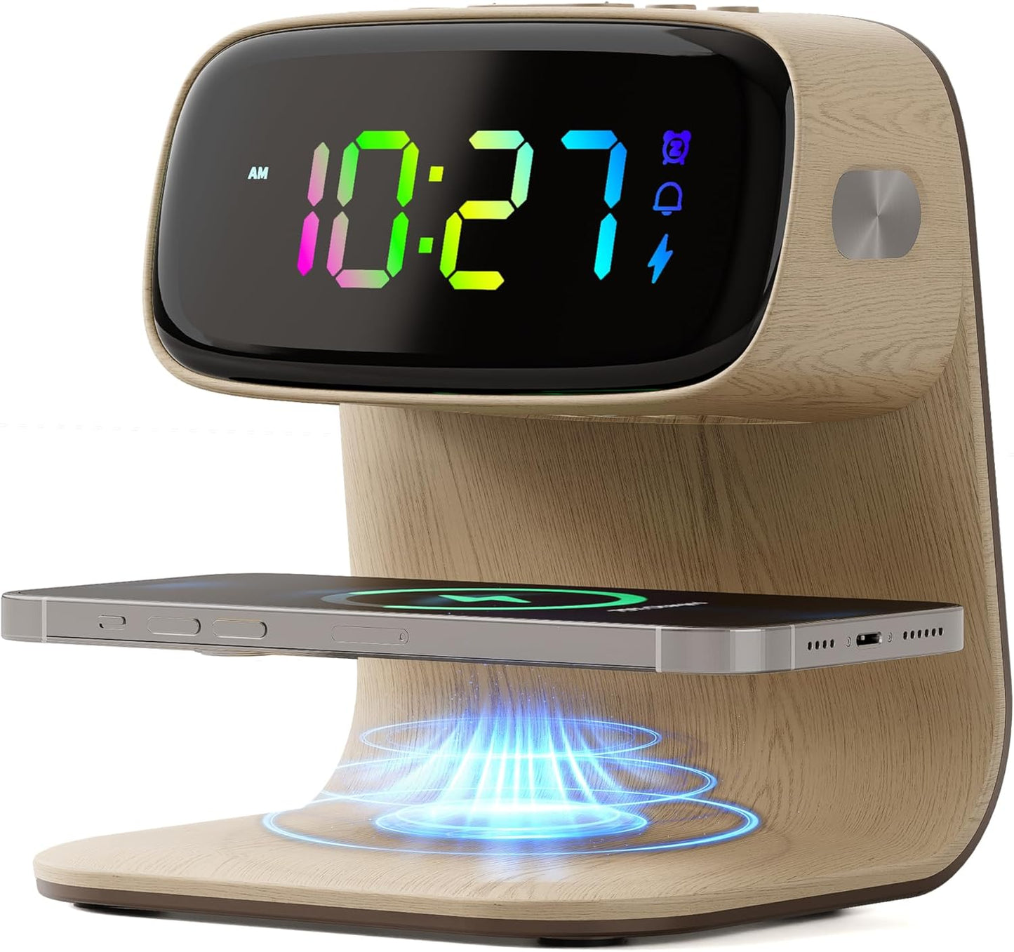 Digital Alarm Clock with Wireless Fast Charging Station 15W Touch Smart Lamp for Bedside,3 Colors Nightlight Adjustment Night Lamp for Living Room,Bedside,Heavy Sleepers (Woodgrain+Cable&Adapter)