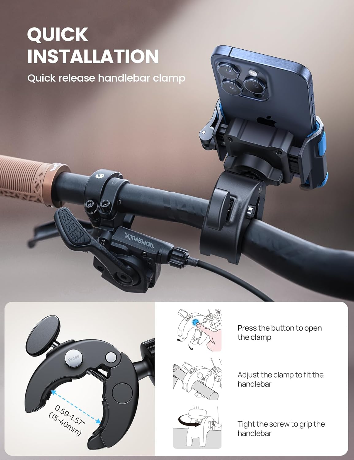 Lamicall Motorcycle Phone Mount Holder - [Camera Friendly] [1s Lock] Bike Phone Holder Handlebar Clamp, Bicycle Scooter Phone Clip, for iPhone 16 Pro Max, 15 14 13, Galaxy S25, 4.7-7" Phones, Blue