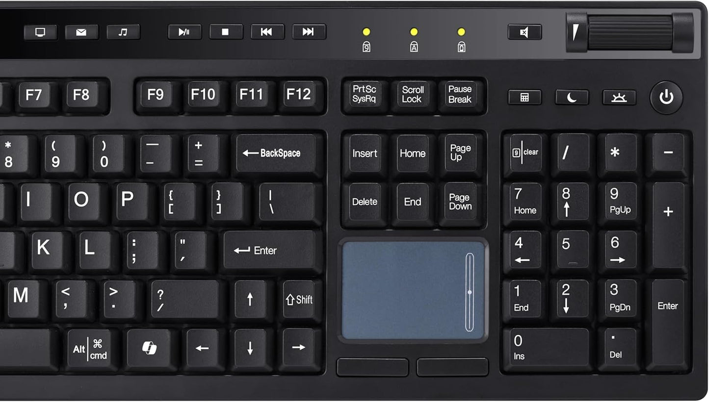 ADESSO Wireless Keyboard with Touchpad 104 Key Full Size USB Dongle Receiver Multi OS Support Works with MacOs System & Multimedia Hotkeys Volume Control with Scroll Wheel WKB-4450UB