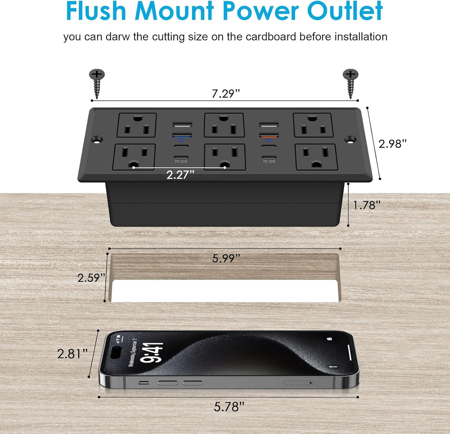 30W Recessed Power Strip USB C, Desk Flush Mount Outlet Plug in 6 AC & 8 USB Ports for Furniture Conference Power Hub, 6FT