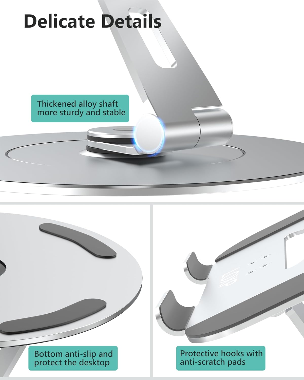 Ultra-Stable Swivel Laptop Stand for Desk with 360 Rotating Larger Base, Aluminum Anti-Loosening Structure, Height Adjustable Laptop Stand, Fits 10"-17.3" Laptops，Silver