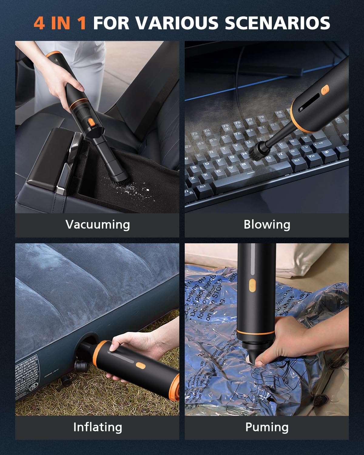 Car Vacuum Portable with 16000Pa Powerful Suction, Handheld Vacuum Cordless Rechargeable Blow & Suction 4 in 1, Small Vacuum Cleaner for Car, Home, Office, Outdoor (Black Orange)