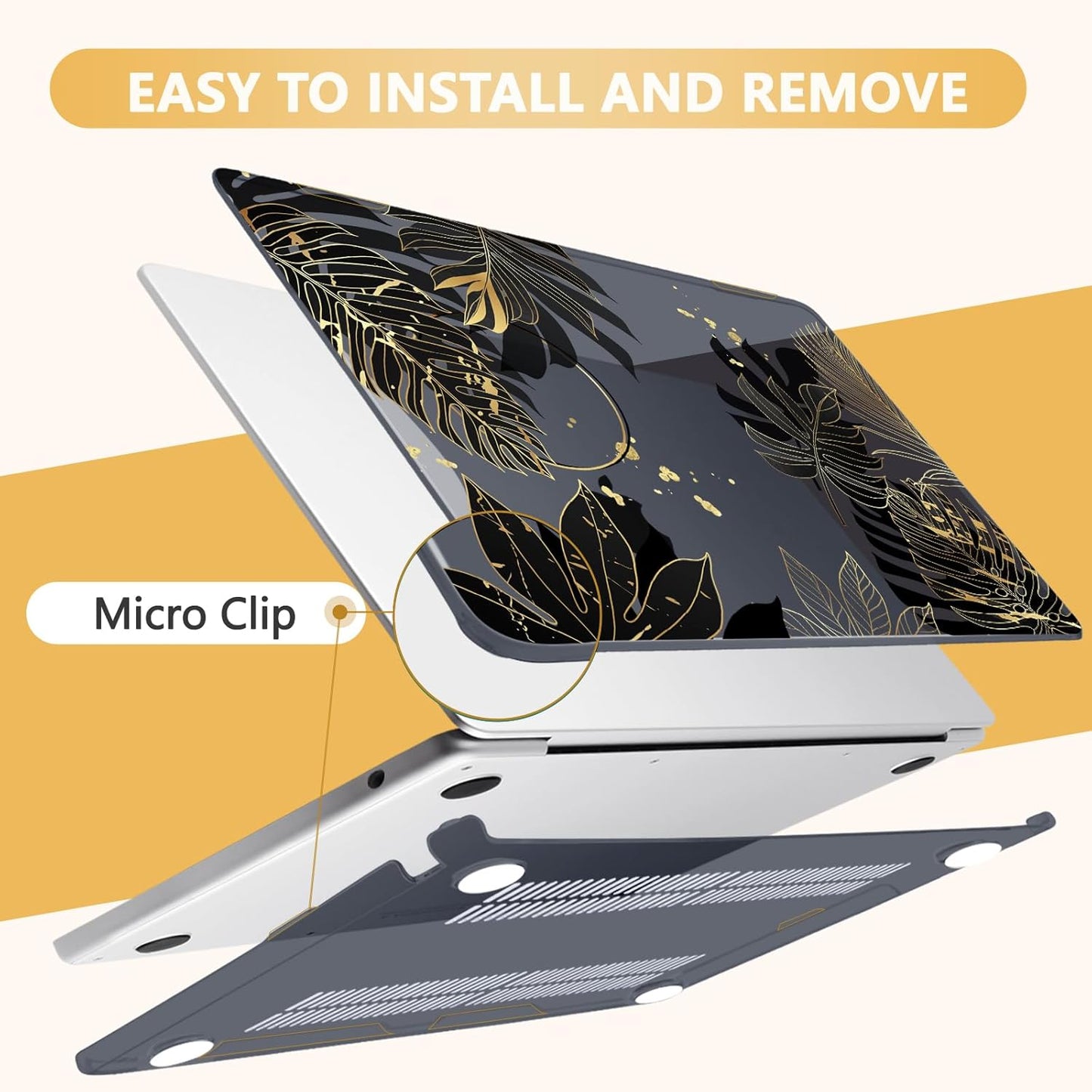 Compatible with MacBook Air 13.6 inch Case, M4 A3240/M3 A3113/M2 A2681 (Released 2025 to 2022), Hard Shell, Keyboard Cover, Screen Protector, Webcam Cover & Type-C Adapter, Gold Tropical Leaf