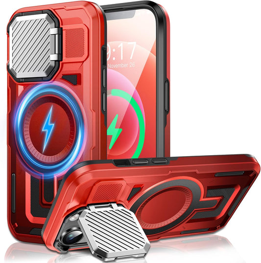 Camera Stand Case for iPhone 12/12 Pro, [Compatible with MagSafe] [Lens Cover] 2024 Version Military Grade Protective Soft Case for iPhone 12/12 Pro 6.1 inch Men Women, Red