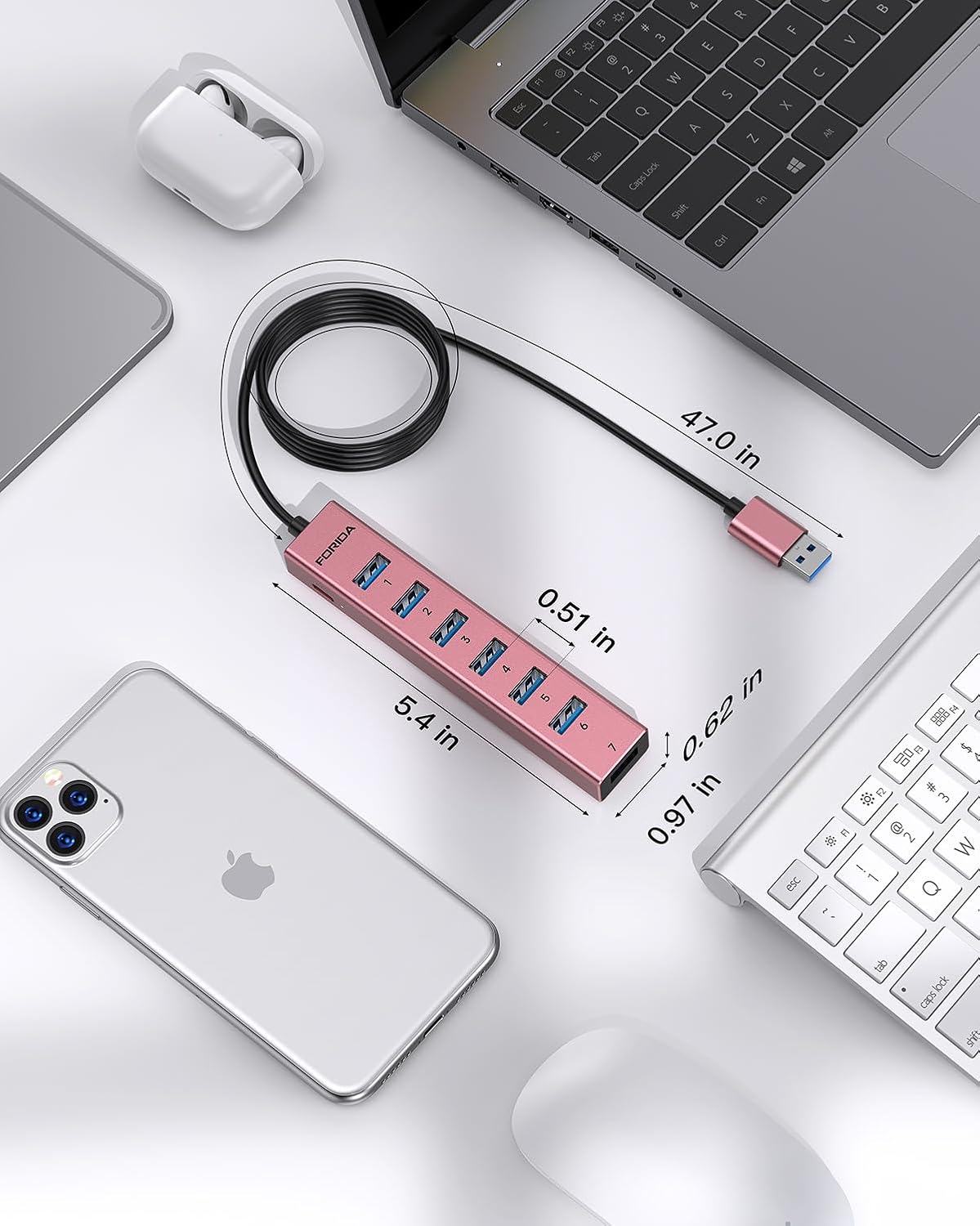 FORIDA USB Hub Long Cable 8 Ports multiport Adapter with 7-USB3.0 Data Ports and Type-C 5V/3A Power Port,USB Extender for Laptop PC and More (Rose Gold, USB A-47in)