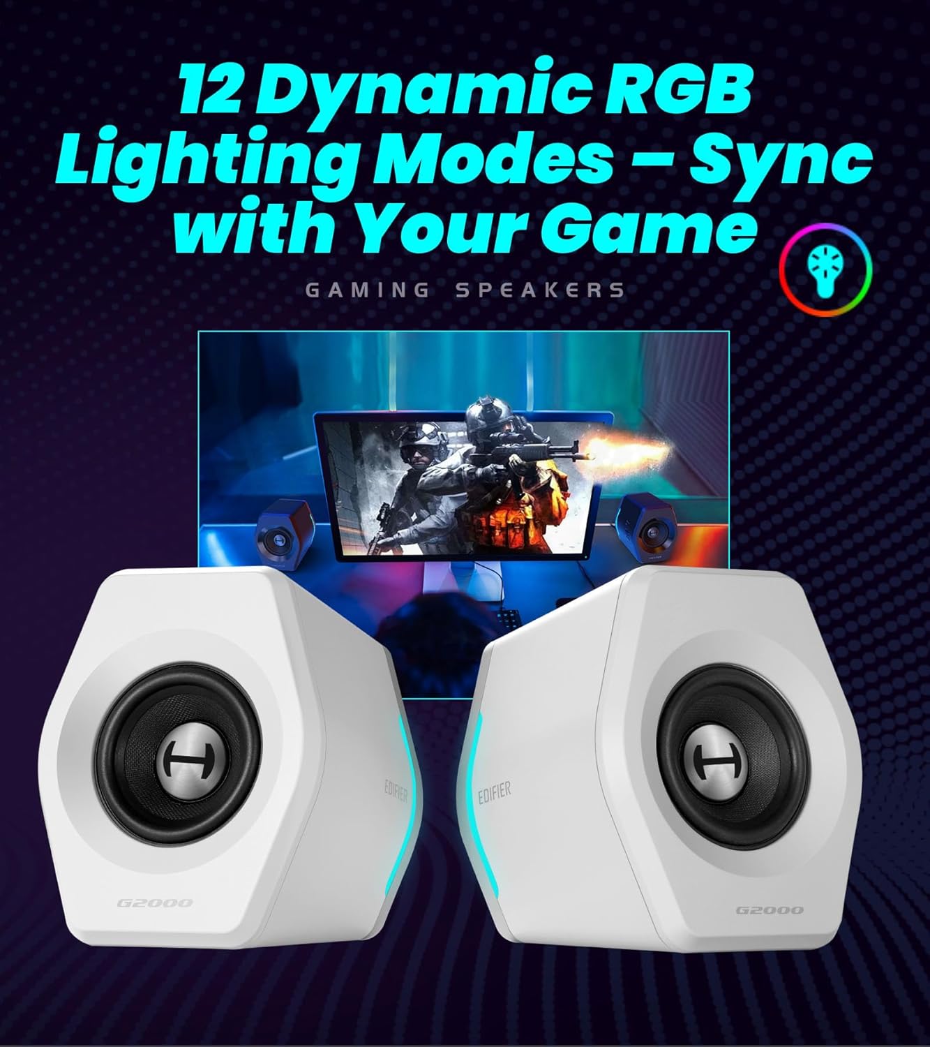 Edifier Hecate RGB Gaming Speakers, 32W Peak Power, Bluetooth 5.1, Game/Movie/Music Modes, 12 RGB Lighting Effects, Compact Design for PC/PS4/Desktop - White