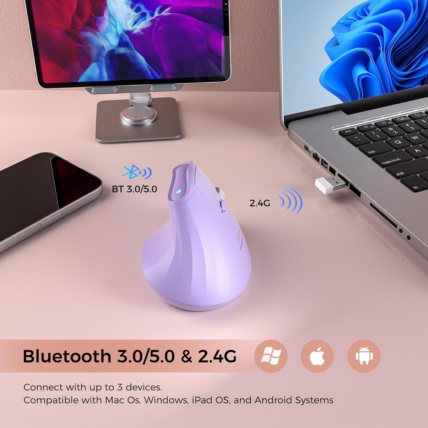 57° Ergonomic Wireless Tower Mouse, Vertical Quiet Ergo Mouse, Bluetooth(BT5.0,BT3.0)&2.4G, (800/1200/2400/2400/4000), 7 Buttons for Windows, macOS, iPadOS, Laptop, PC,Purple