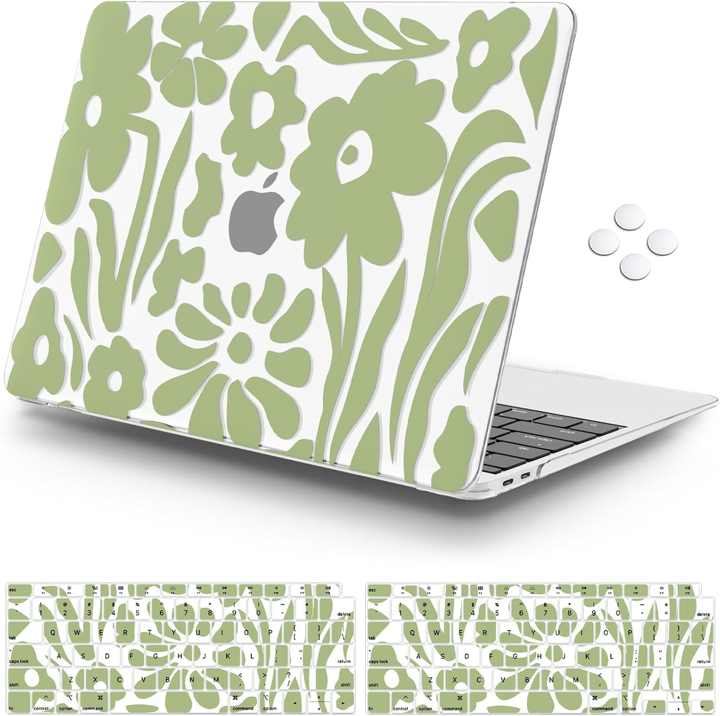 iCasso Compatible with MacBook Air 13 inch Case 2020-2018 Release M1 A2337 A2179 A1932, Green Flower Protective Hard Shell Case +Keyboard Cover + Screen Protector（Flower）