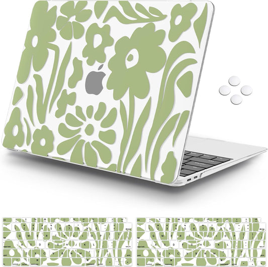 iCasso Compatible with MacBook Air 13 inch Case 2020-2018 Release M1 A2337 A2179 A1932, Green Flower Protective Hard Shell Case +Keyboard Cover + Screen Protector（Flower）