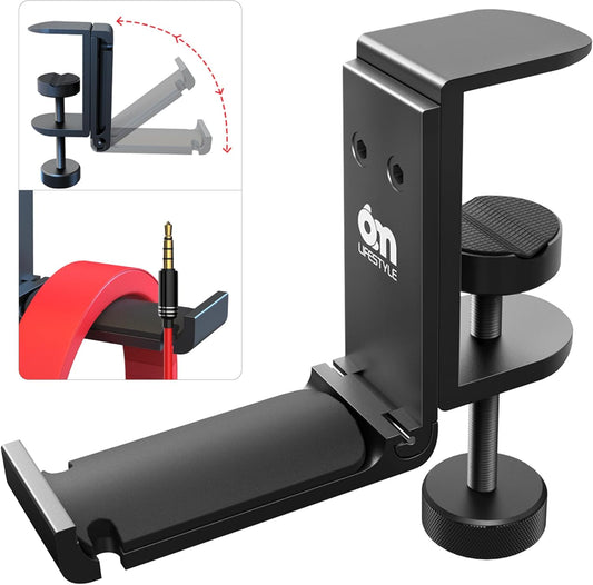 6amLifestyle Foldable All Aluminum Headphone Hook Holder for Desk, Under Desk Headphone Hanger Stand with Cable Organizer, Headset Holder Clamp for PC Gaming Headsets, Bag Hooks, Desk Accessories
