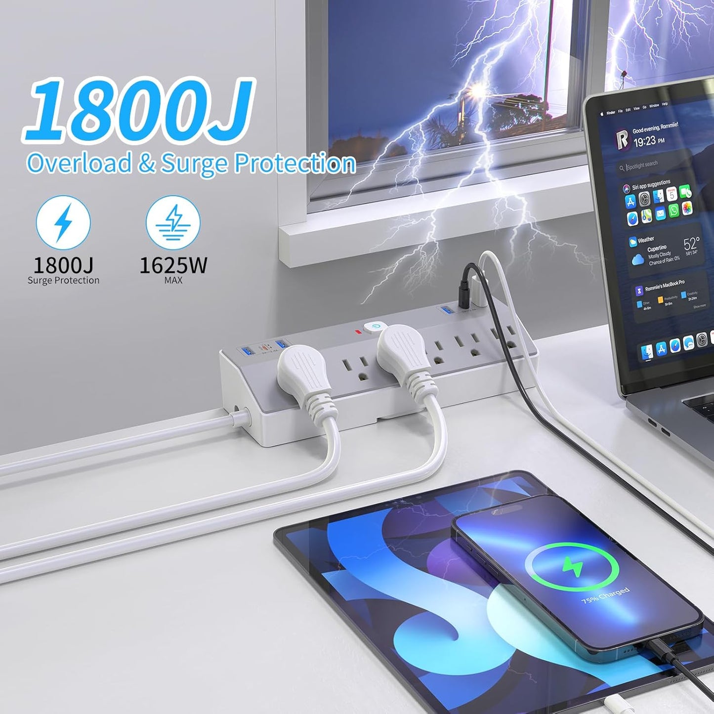 Clamp Power Strip Tall, 40W Fast Charging Station,Desk Mount Desk Shelf with 6 Outlets 6USB Ports (2USB C), 10Ft Extension Cord Home Office Essentials, Fit 2.48" Tabletop Edge