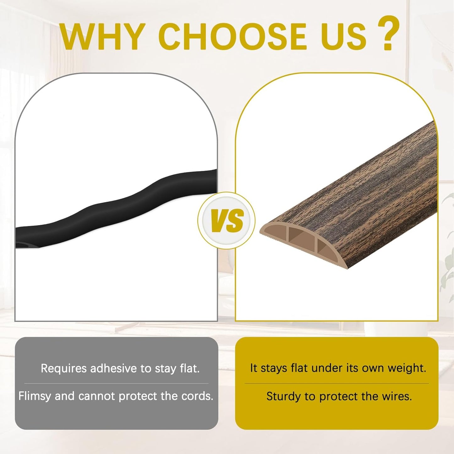 Floor Cord Cover 3.3FT Cord Covers for Wires on Floor Protect Wires & Prevent Trip Hazards, Easy to Cut for Home, Office, School, Concerts, Cavity W0.6in x H0.32in