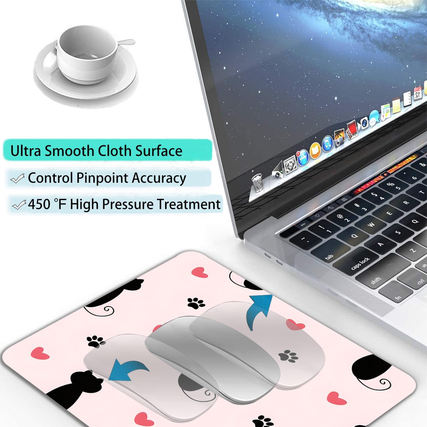 Cute Heart Cartoon Black Cat Paw Custom Mouse Pad with Non-Slip Rubber, Small Square Design for Wireless Laptop & Computer Mouse Pads for Desk, 9.5 x 7.9 inch Smooth Surface for Gaming & Office