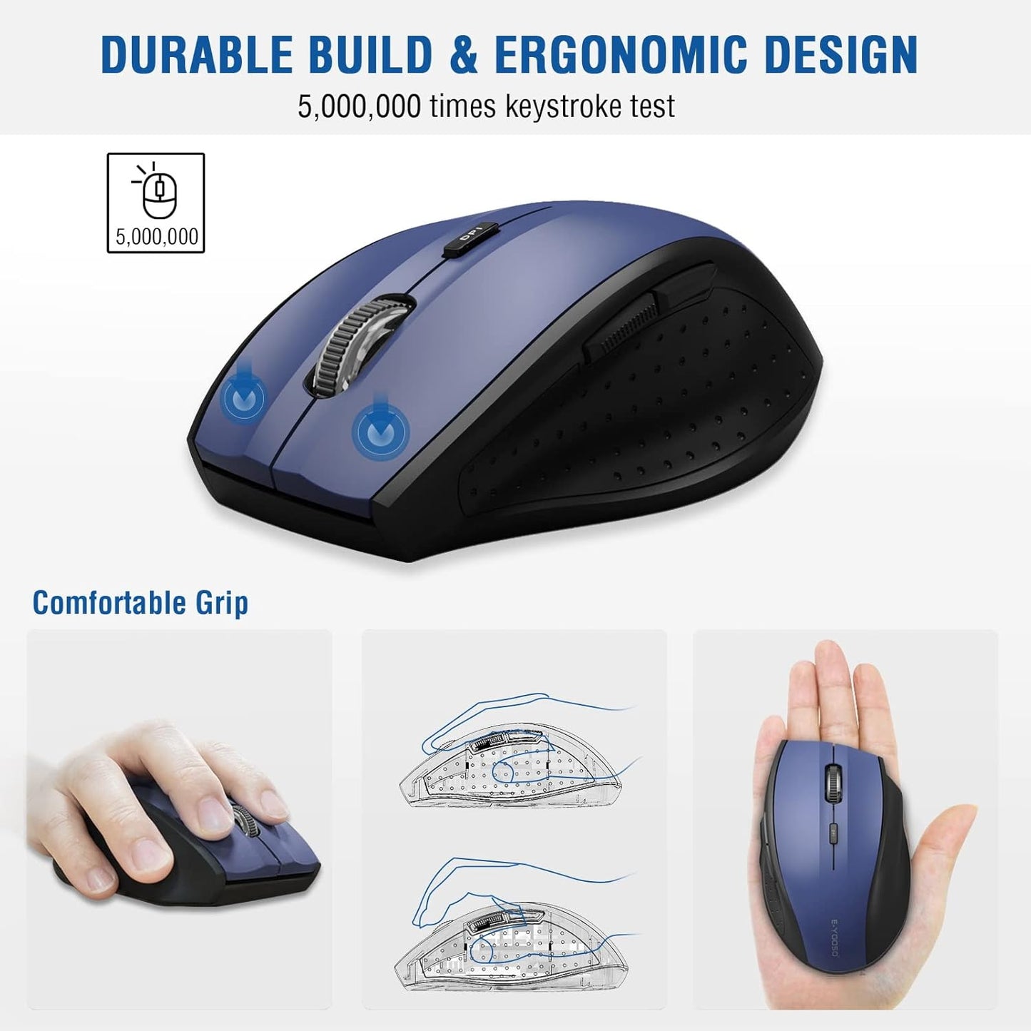 E-YOOSO Wireless Mouse for Laptop, Portable Optical Computer Mouse, 6 Buttons, Cordless 2.4GHz with USB Receiver, 5-Level 4800 DPI, 18 Months Battery Life, for PC, Chromebook, Windows, Mac(Blue)