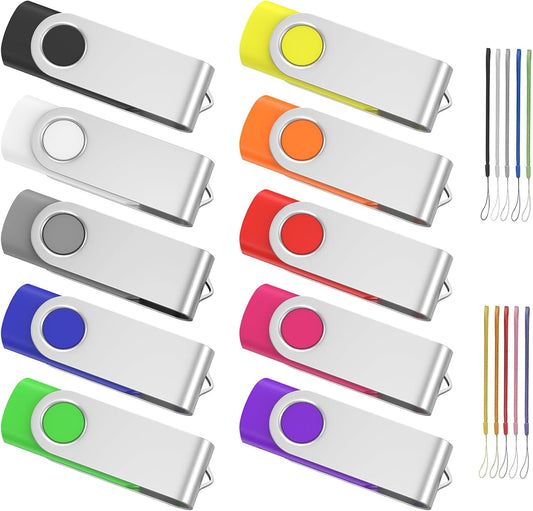 ABLAZE 16GB Flash Drive 10 Pack, USB 2.0 Memory Stick with Lanyards Swivel Thumb Drives Bulk 16GB Pendrive U Disk for Data Storage (Mixcolors)