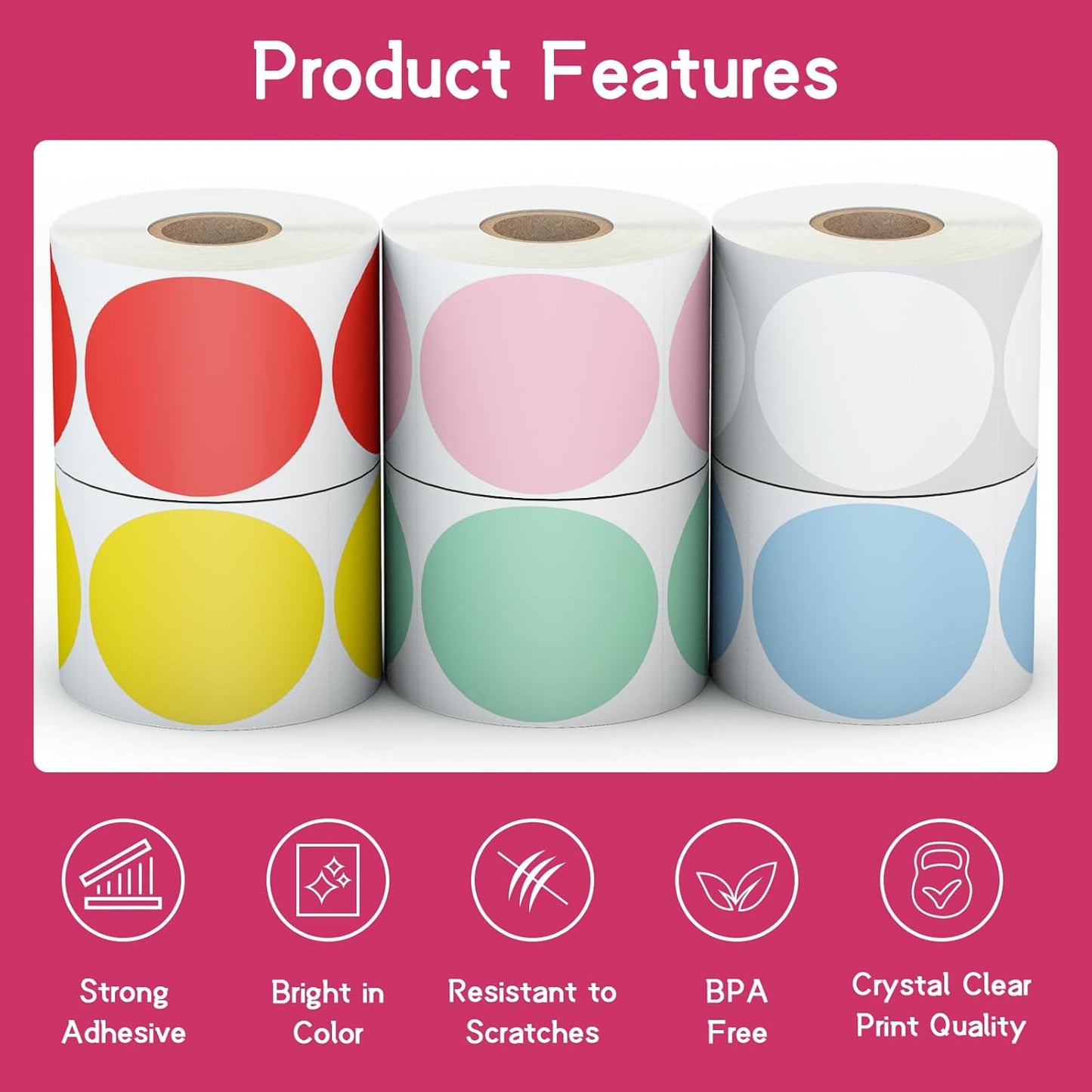 6 Rolls 2 Inch 6-Color Assorted Circle Direct Thermal Stickers Labels, Self-Adhesive Round Direct Thermal Labels for Business, DIY, Code, Name Tag, Envelope Seal - 4500 Labels