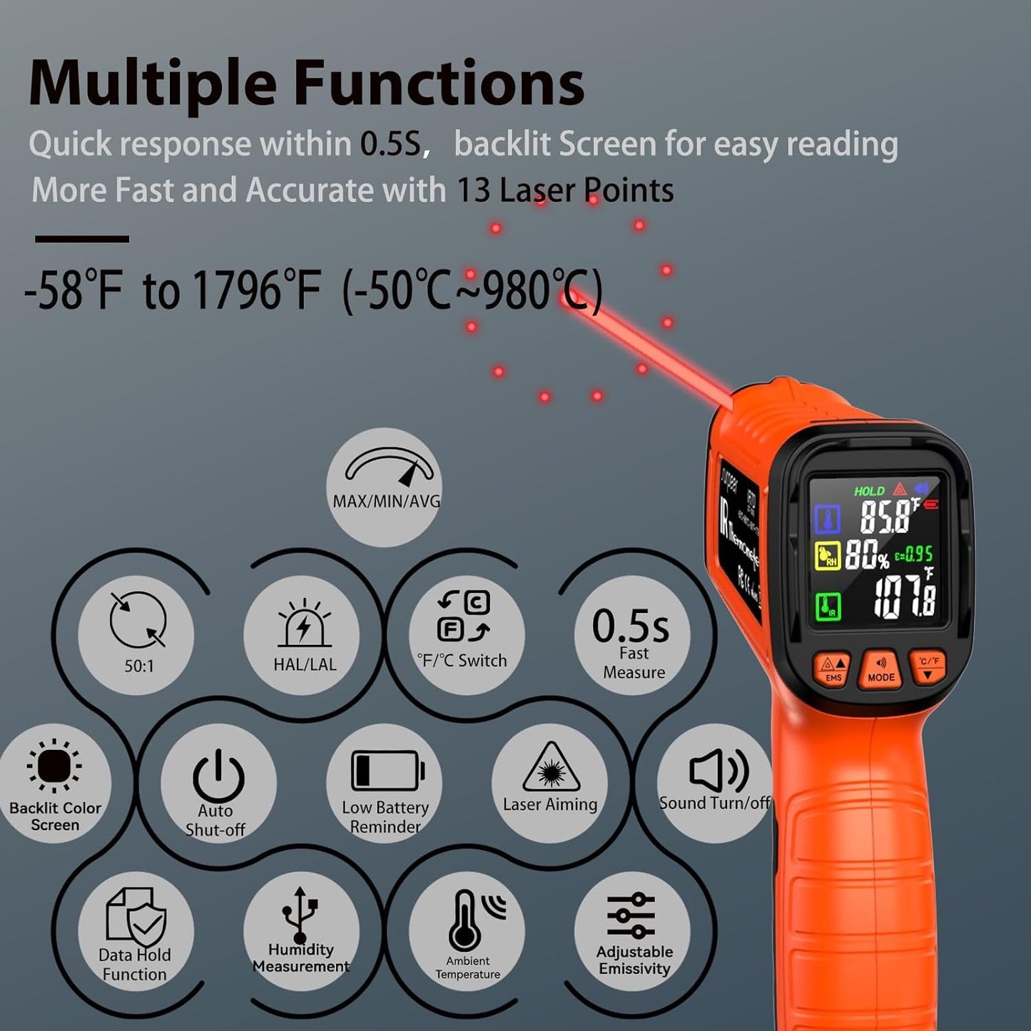 Infrared Temperature Gun -58°F to 1796°F, Dual-Mode Thermometer Gun with K-Type Thermocouple(-58°F to 572°F), Laser Temp Guns for Reptiles, Cooking, Griddle, Oven, 16:1 Home Handheld Thermometer