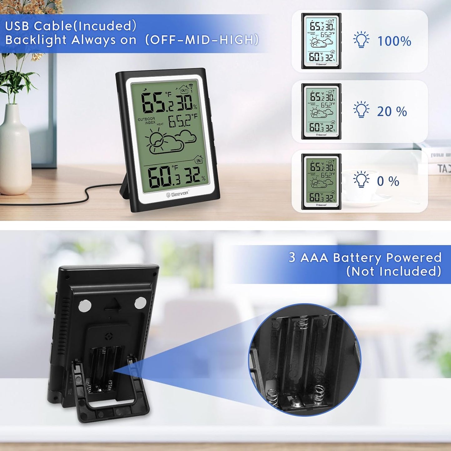 Geevon Large Display Digital Thermometer Hygrometer, Accurate Indoor Outdoor Temperature Humidity Monitoring, Wireless Weather Station with 200ft/60m Range Remote Sensor, Black