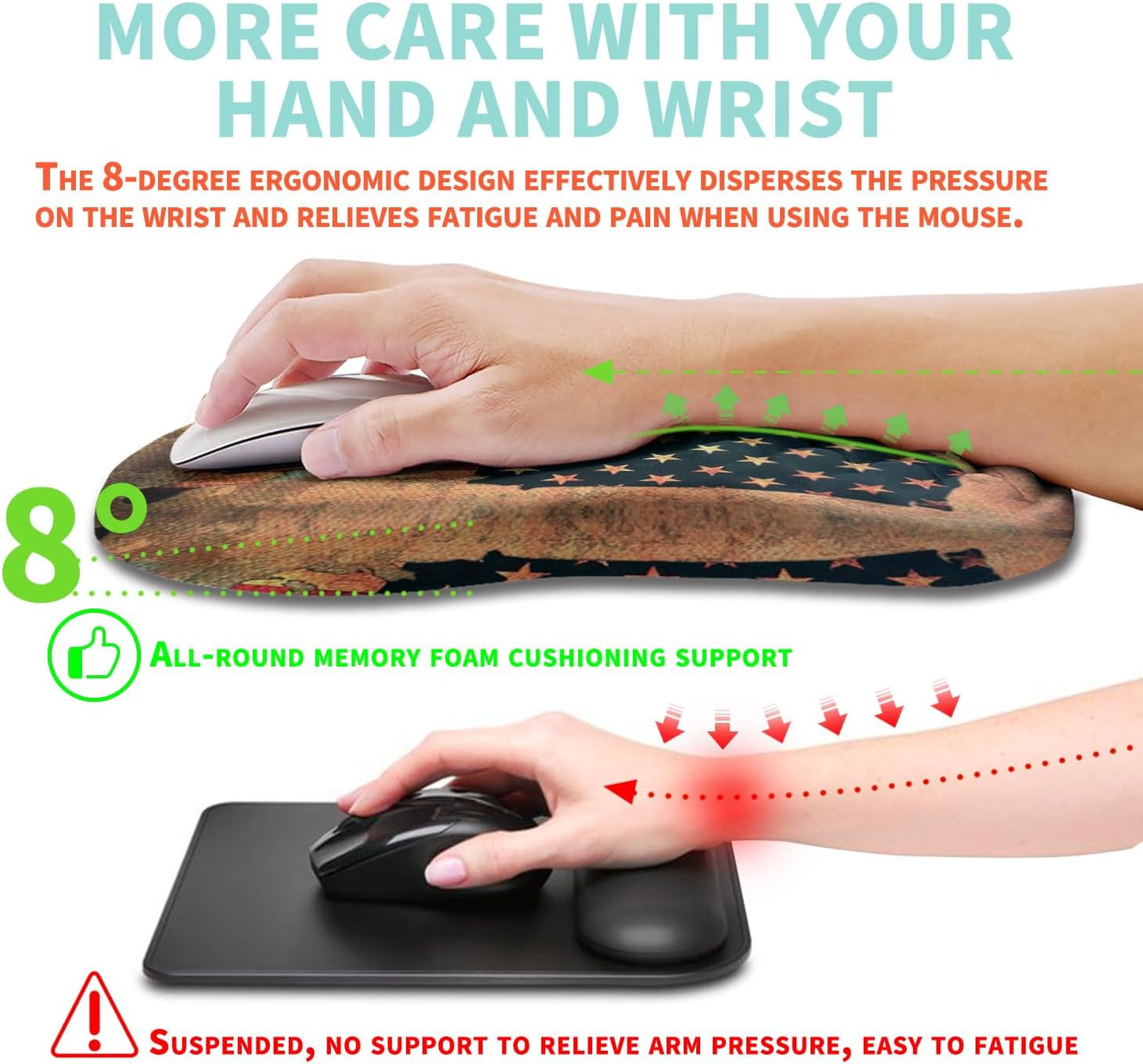 Ergonomic Mouse Pad Wrist Support with Memory Foam Massage Bulge, Carpal Tunnel Pain Relief Mousepad Wrist Rest for Mouse(12x8 inch, USA Flag Map)