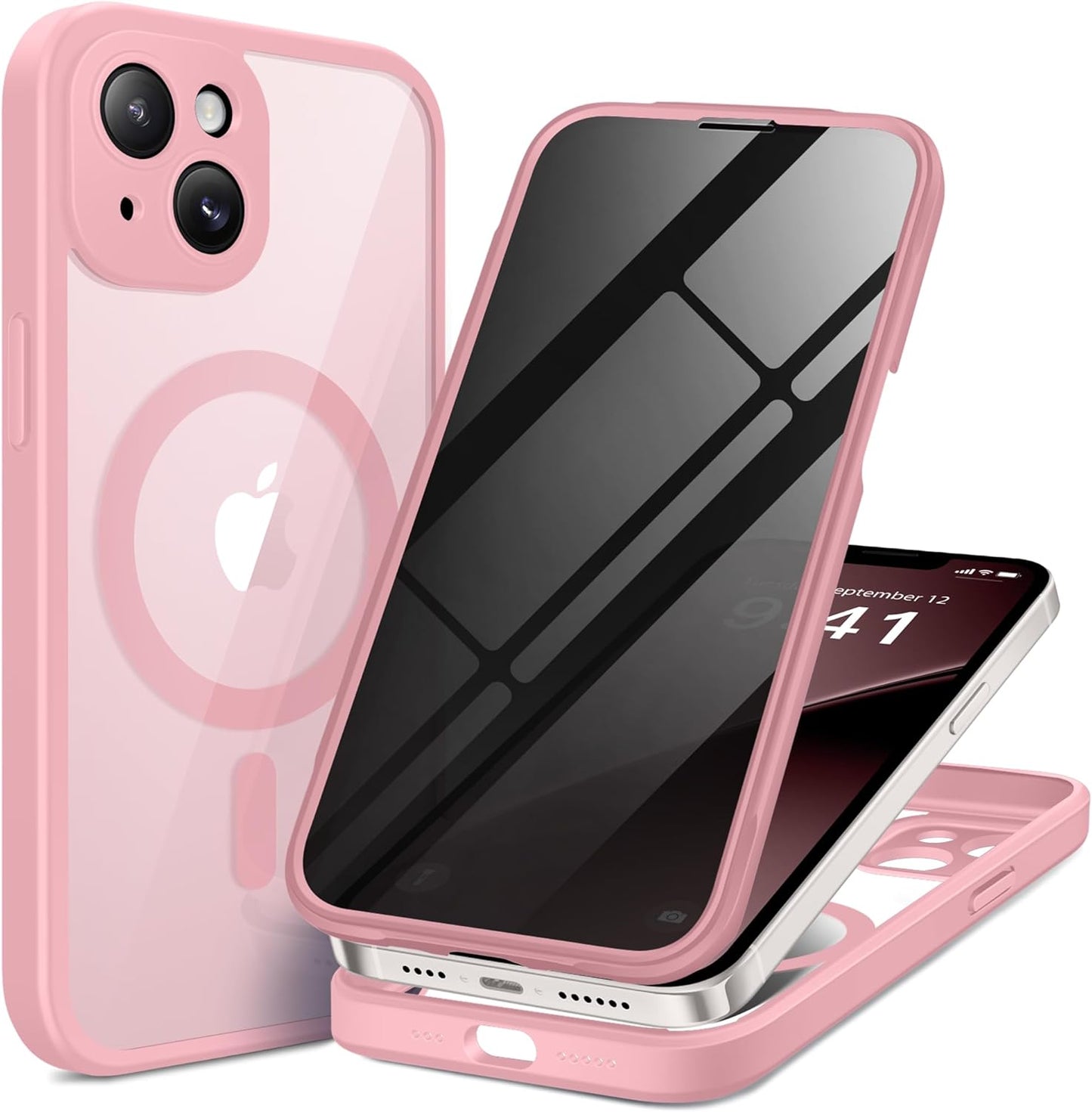 BERFY Magnetic for iPhone 14 Case, Compatible with MagSafe, Built-in Privacy Screen Protector and Upgraded Camera Protection, Anti-Spy Full Body Shockproof Phone Case for 14 6.1", Pink